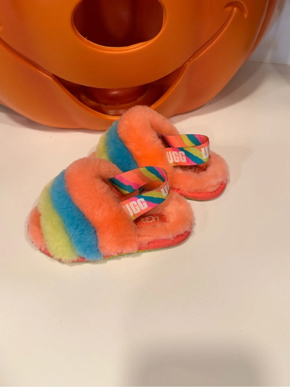 UGG Kids Rainbow Fuzzy Slide Slippers - Coral, Blue, Lime